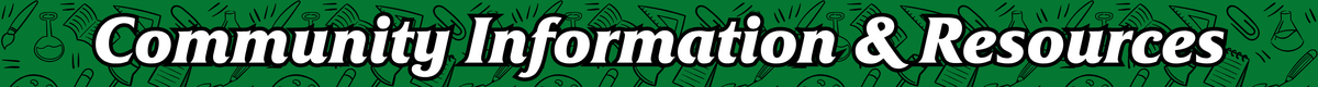 website banner with school supplies background that says "community information & resources"